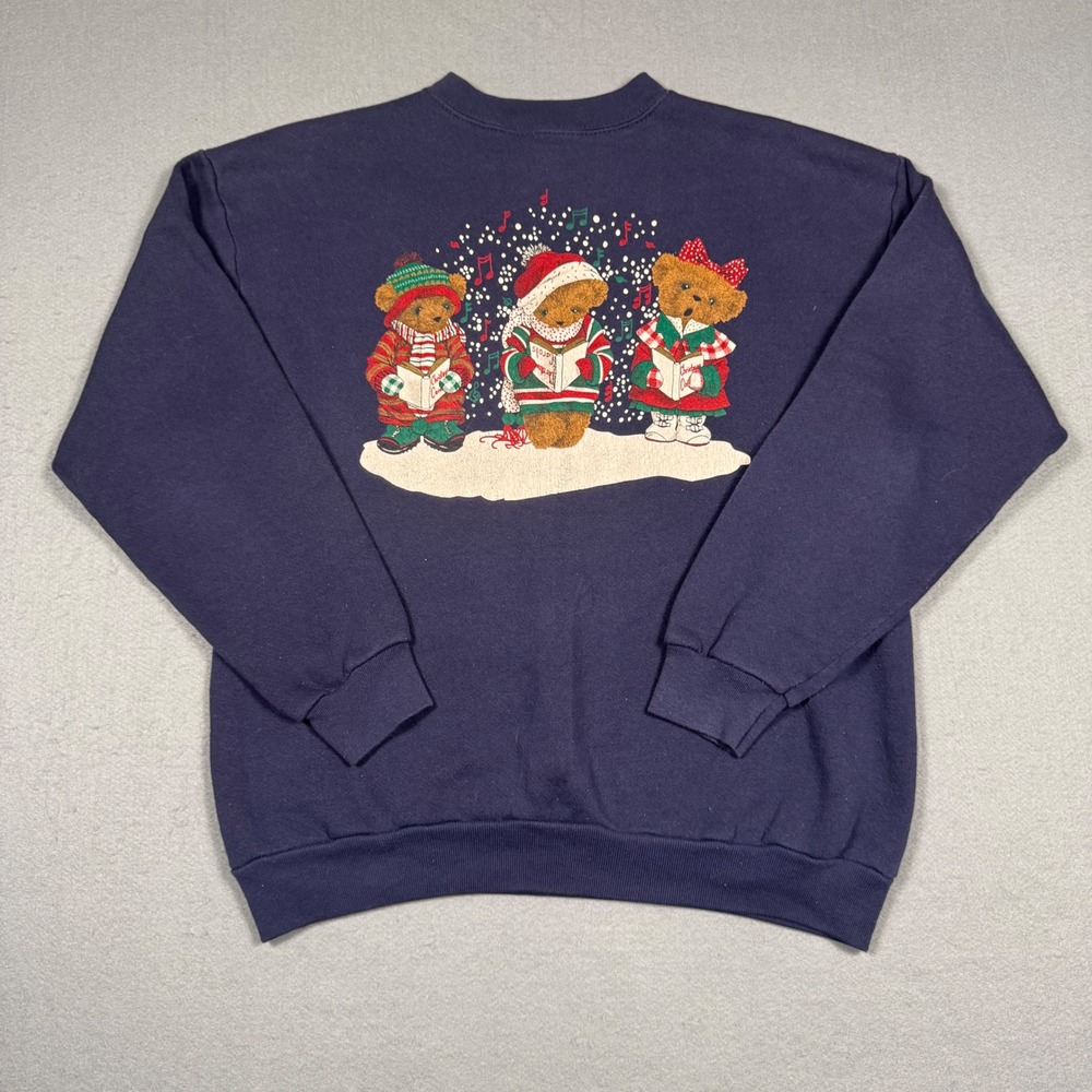 Vintage Christmas Caroling Bears Sweatshirt Women Large Navy Blue Crewneck Y2K